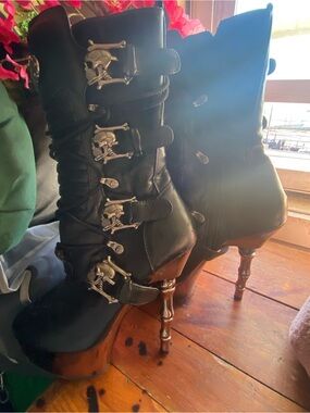 Demonia Black Lace-Up Heeled Boots with Skull Buckles